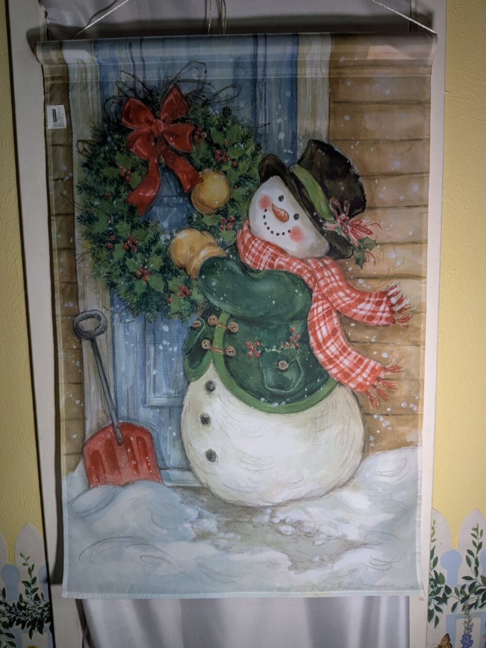 Vintage Jetmax Snowman Christmas Wreath Garden Flag Farmhouse Winter Banner